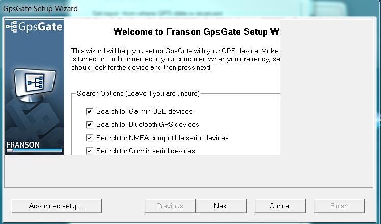 GpsGate för första gången på en dator får man upp en Setup Wizzard. Se till att ha din GPS-enhet ansluten till dator och tryck Next. OBS!