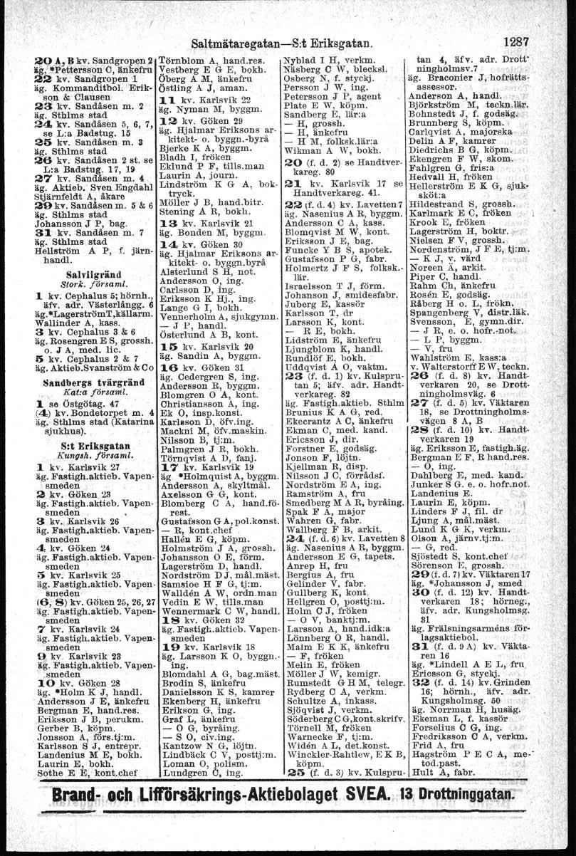 ~oa,' Jl k;y.sandgrop~n 2 äg,'.'i!petterss'ono, änkefru 22 kv: SandgropenL äg. KommanditboL 'Erik s~ri & Clausen 23 lrv. Sandåsen m. 2 äg., Sthlms stad 24 kv. Sandåsen 5, 6, 7,. se L:a Badstug.