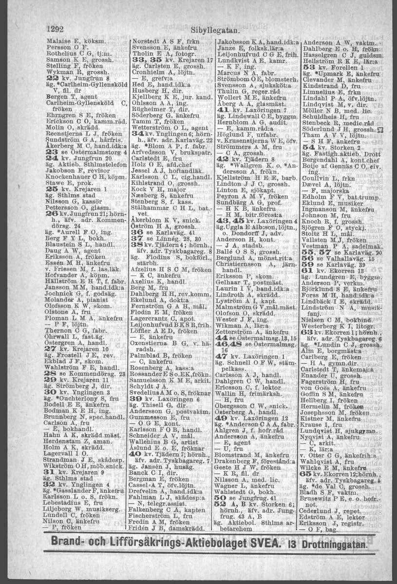 1292 Malaise E, köksm. Norstedt A S F, frkn Jakobsson K A, hand.idk:a Persson O,F. Svensson E, änkefru Janze E, folksk.l&r:a ' Rothelius e G, tj,m. Tholin E A, fotogr.