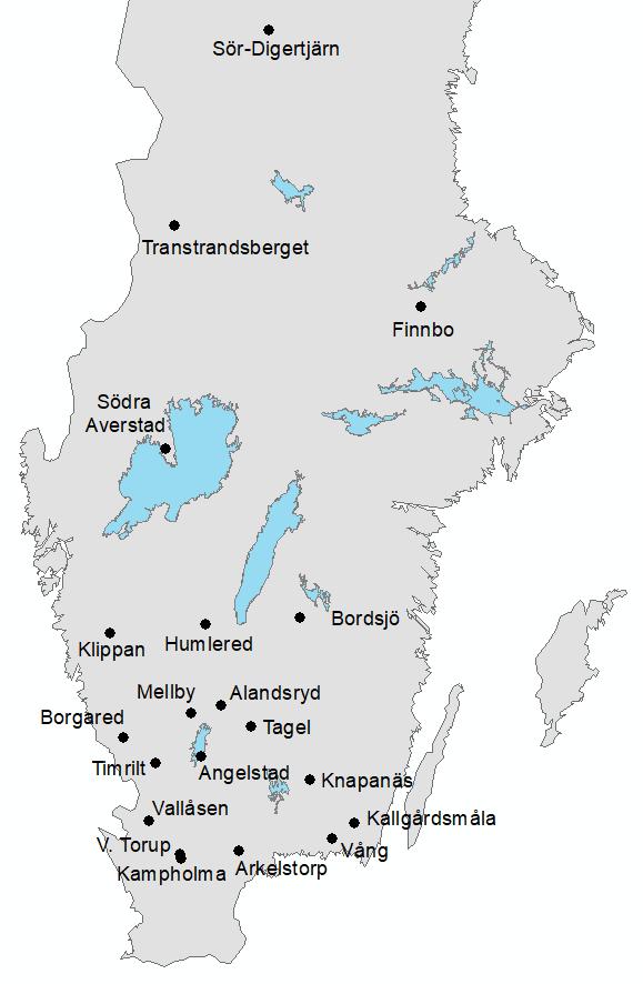 Lokalbeskrivning Lokalerna som använts i denna studie är belägna i ett område från Mellansverige till södra Sverige, där merparten ligger i södra Sverige, se Figur 1.