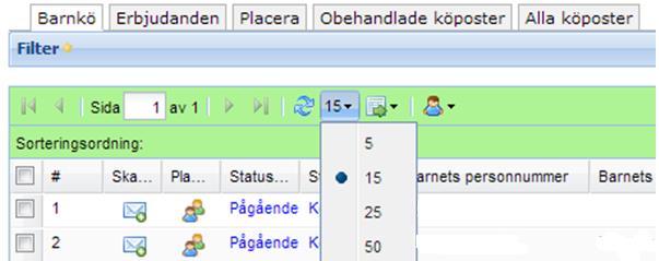 När du väljer underrubrikerna Godkänna, Köhantering eller Placeringar visas automatiskt 15 rader i listan. Om du vill se flera rader (barn) under arbetsflikarna väljs en annan sidstorlek, 25 eller 50.