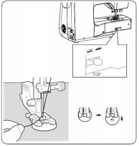 34 SY I KNAPPAR Pressarfot knappisyningsfot (O) Söm nummer 88 1. Sänk matarna genom att skjuta matarreglaget åt vänster 2. Byt till knappisyningsfot och placera knappen med hålen enligt bild.