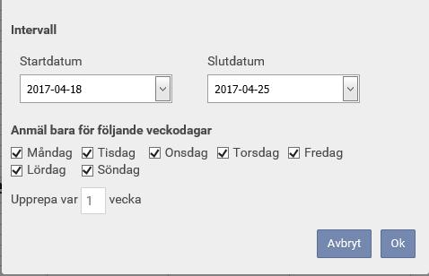 Här väljer du när din tillgänglighet ska börja respektive sluta. Om du bockar i rutan vid Heldygn väljer du att din tillgänglighet ska vara från 00:00 24:00 alltså hela dygnet. 4.2.1.