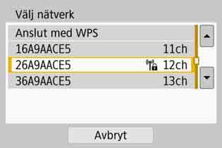 Ansluta till ett upptäckt nätverk manuellt via Wi-Fi 4 Välj [Växla nätverk]. Visas när [q], [D] eller [l] har valts i steg 2. (1) (2) (3) 5 Välj en kopplingspunkt.