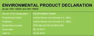 Miljövarudeklarationer (EPD) har naturligtvis tagits fram för KEIMs silikatfärg. KEIMs silikatfärg innehåller inga lösningsmedel, mjukningsmedel eller konserveringsmedel.