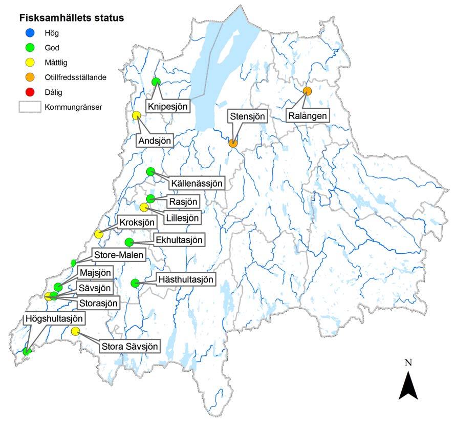 Figur 1. Provfiskade sjöar i Jönköpings län 211. Fisksamhällets ekologiska status härstammar från analys av de standardiserade bedömningsgrunderna (se bilaga 1). Tabell 2.