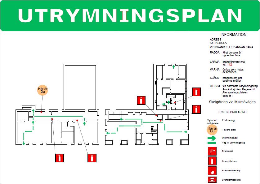Det finns en utrymningsplan placerad i träslöjdssalen på markplan i del A. Figur F1. Utrymningsplan för markplanet i del A.
