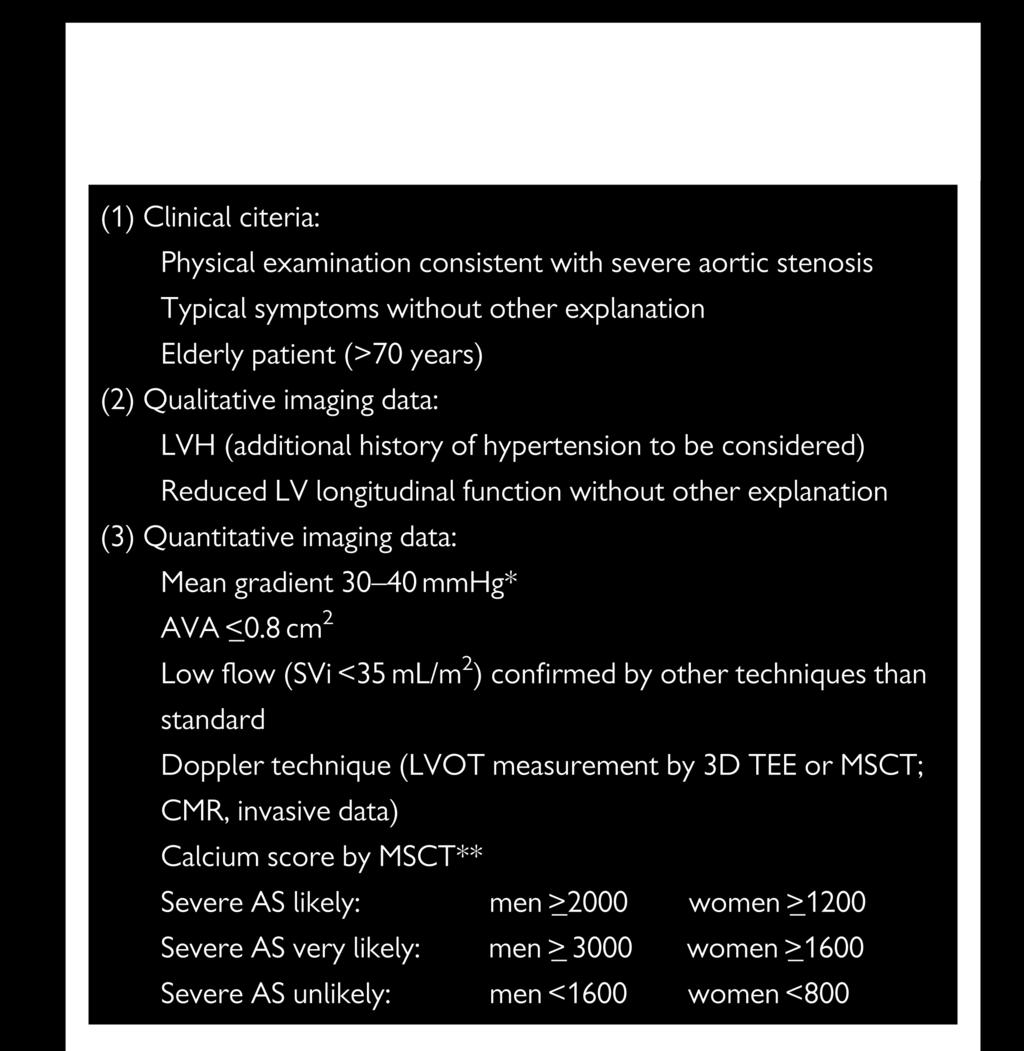 Integrated approach Kliniska kriterier Symptomatisk patient Högt NTproBNP* Äldre individ (>70 år), kvinna Stödjande imaging data Liten vä kammare* Vä kammar hypertrofi Baumgartner H et al.