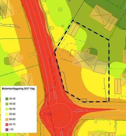 Fastighetens sydvästra hörn har höga trafikbullernivåer eftersom den ligger i en korsning med ett stort antal busslinjer och en hel del genomfartstrafik.