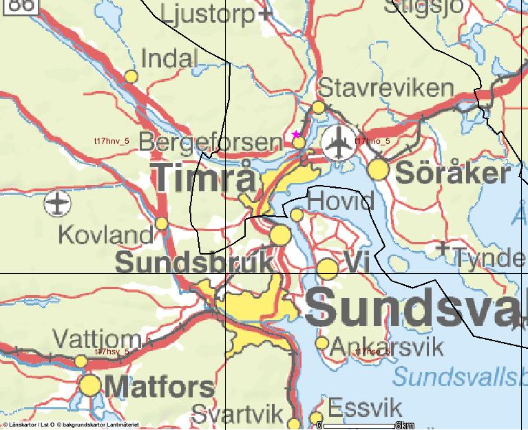 3:3 - Sundsvall/Bergeforsen Karta som beskriver mätstationens placering (indikeras med röd stjärna) Förhärskande vindriktningar (från www.windfinder.