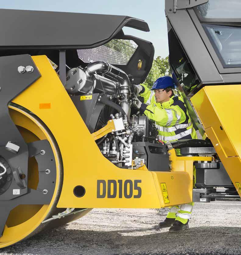 Servicetillgänglighet Den uppfällbara huven ger enkel och hinderfri tillgång till motorn och hydraulkomponenterna, så att inspektioner och underhåll kan utföras effektivt.