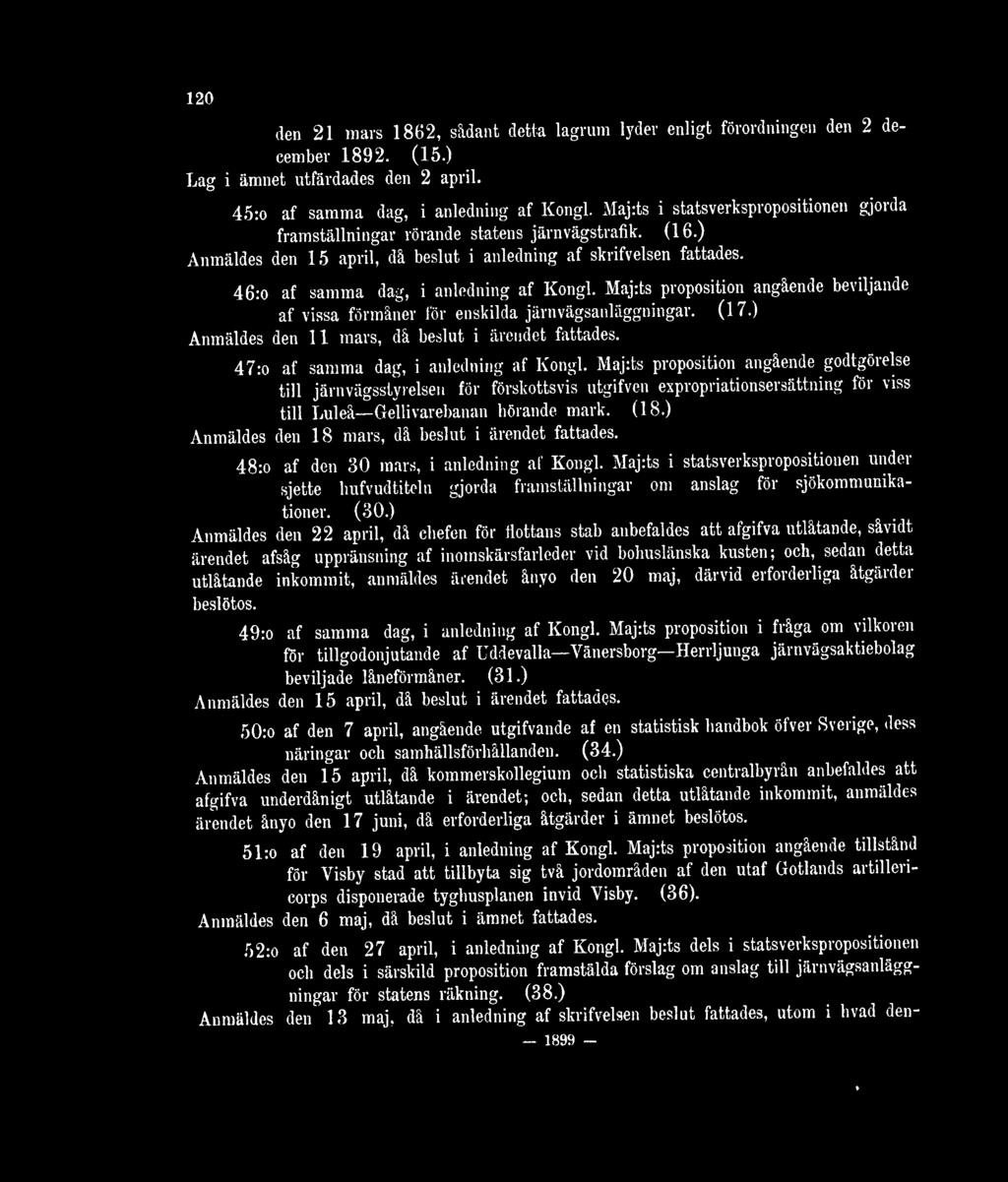 46:o af samma dag, i anledning af Kongl. Maj:ts proposition angående beviljande af vissa förmåner för enskilda järnvägsanläggningar. (17.) Anmäldes den 11 mars, då beslut i ärendet fattades.