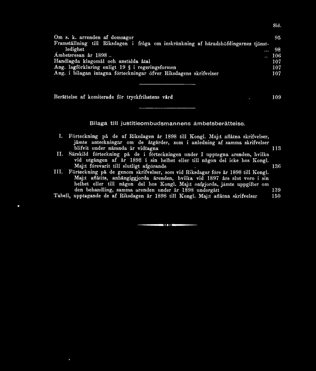 .. 109 Bilaga till justitieombudsmannens ämbetsberätteise. I. Förteckning på de af Riksdagen år 1898 till Kongl.