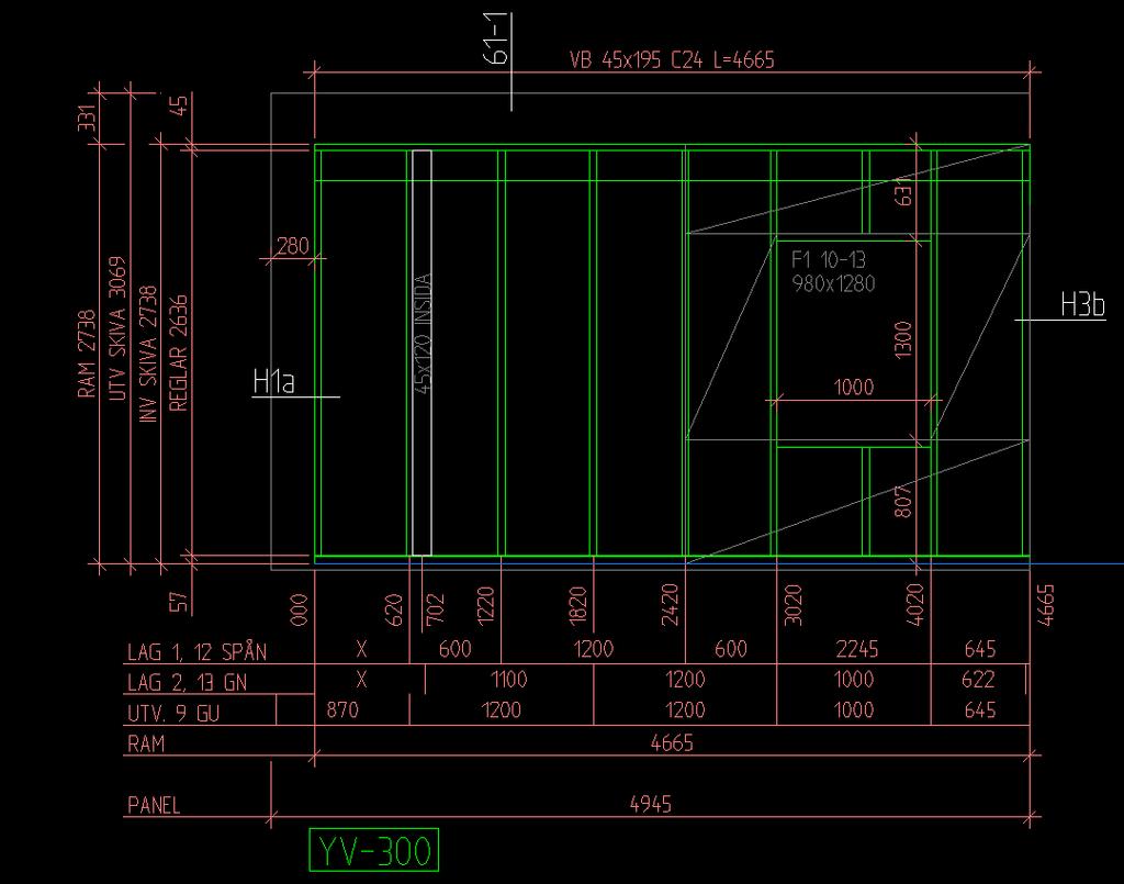 Exempel på en elevationsritning av en vägg. 4.2 Ritningsarbetet Ritningen i Autocad sker med linjer där varje linjetyp utgörs av ett eget lager.