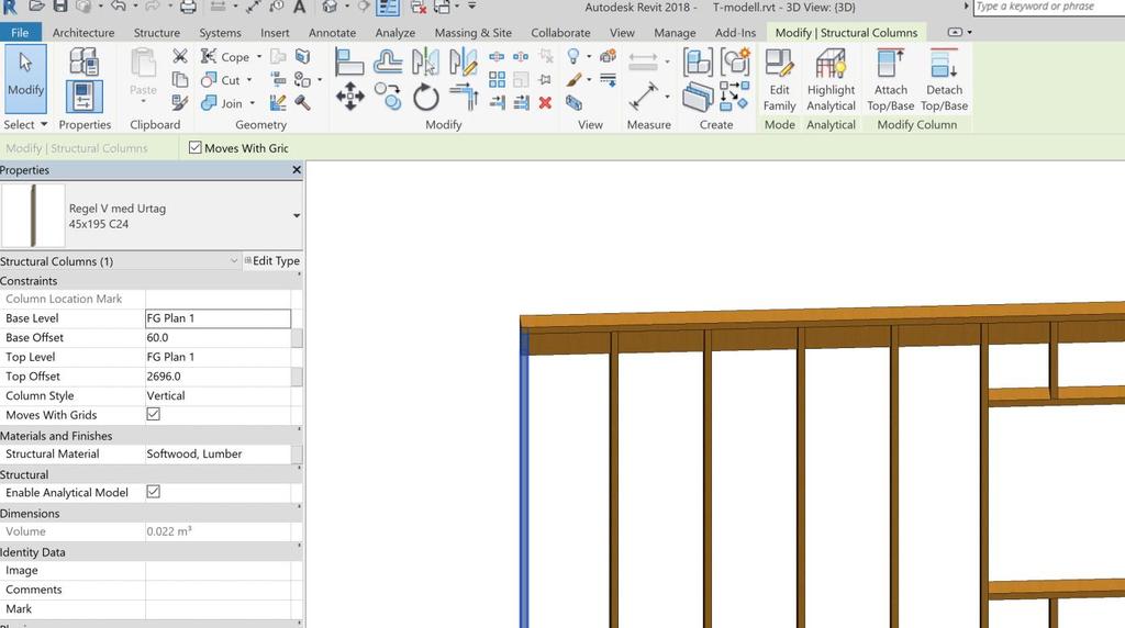 Nederst syns hur måttsättningen ser ut med standard måttsättningen som finns i Revit. Överst syns hur denna har modifierats till att passa företagets måttsättning av reglar för väggelevationer. 4.