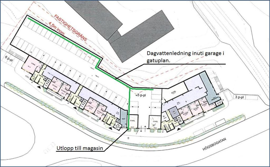 4.2.2 Förslag till utförande Avrinningsområde A. Alternativet med lamellhus redovisas i bilaga 1:1. Alternativet med skivhus redovisas i bilaga 1:2. Dagvattenanläggningen förläggs på kvartersmark.