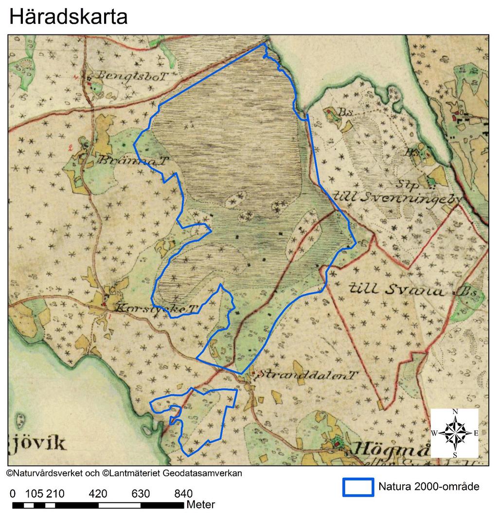 Natura 2000-område Natura 2000-kod Diarienummer Sida 45 av 45 Häradskartan, från slutet av 1800-talet, visar att området till stor del varit öppet och bestått till stor del av fuktig mark.