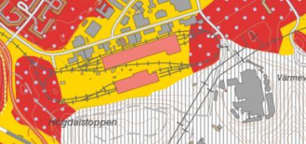 Sida 6 (16) Geotekniska förhållanden Markförhållanden Karta över jordarterna i närområdet. De röda områdena representerar berg i dagen, de gula lera och de gråstreckade fyllnadsmassor.