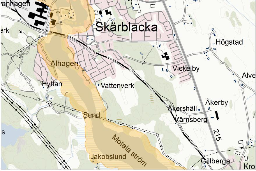 Bild 8 a, b Generellt strandskydd vid Motala ström, i orange färg.