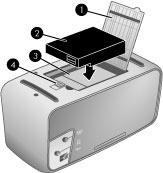 4 Kamerans minneskort: Visas när ett minneskort sitter i kameran. 5 Skrivarens batteriindikator: Visar kapaciteten hos det interna HP Photosmart-batteriet (tillval), om ett sådant är installerat.