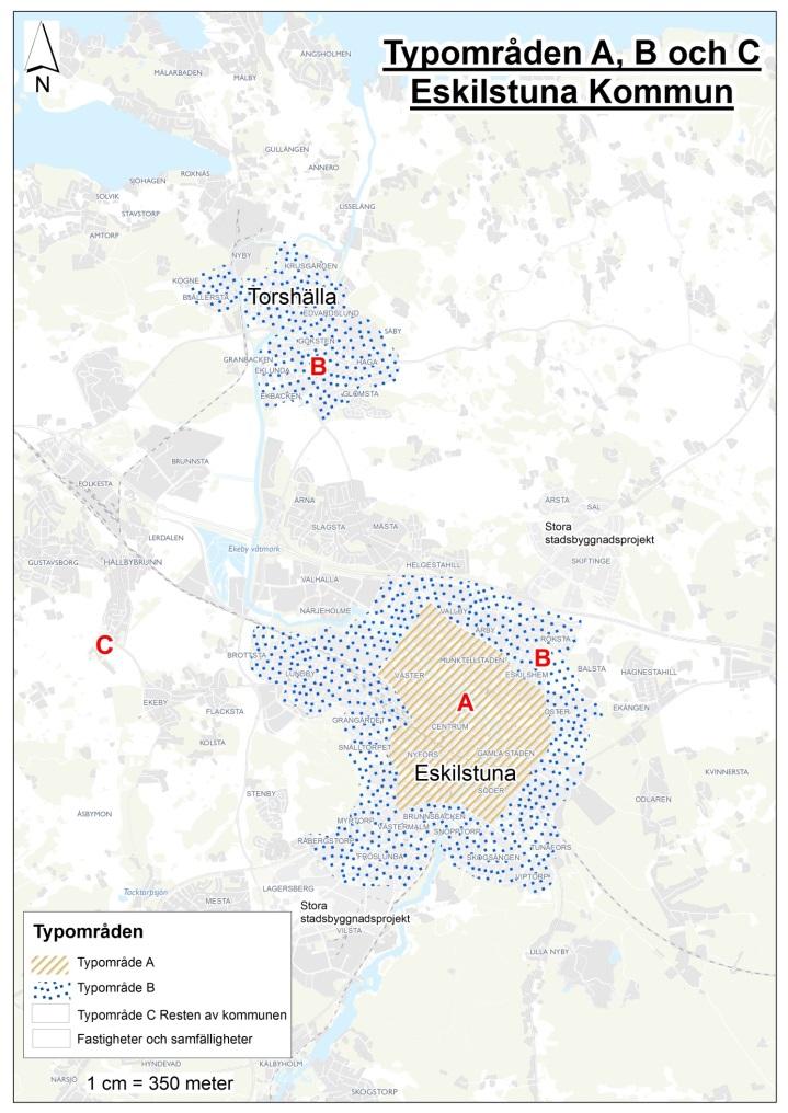 Metodbeskrivning: Eskilstunas fysiska förutsättningar För att hantera frågan kring utemiljöer har kommunen delats in i 3 kategorier; typområde A, B och C.
