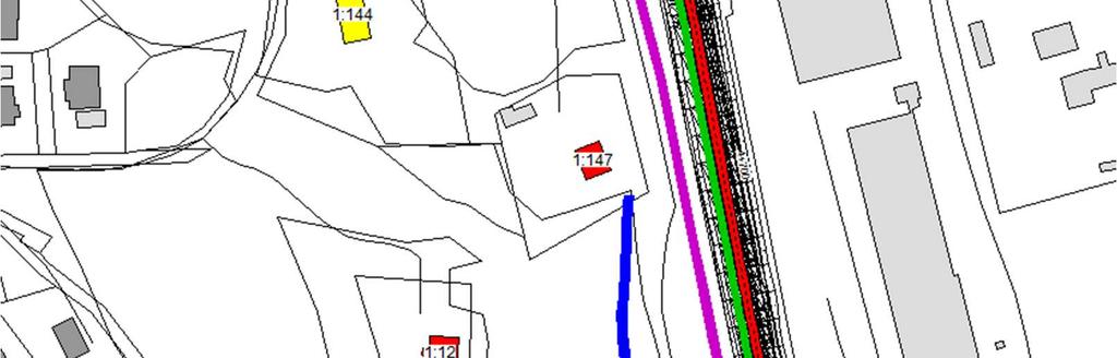 I de områdesvisa kartutsnitten markeras bullerberörda hus enligt följande: Röd markering Riktvärden överskrids inom- eller utomhus i planförslaget om inga åtgärder vidtas.
