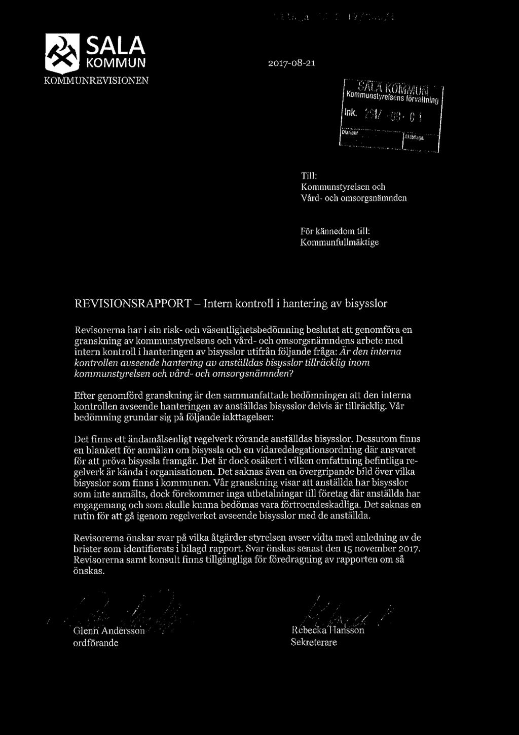 , 6 SALA KOMMUN 2017-08-21 KOMMUN REVISIONEN.iii 'ii"_(,1i.'."3 i.=i.'17,"'ee,*.7,~"1 i.