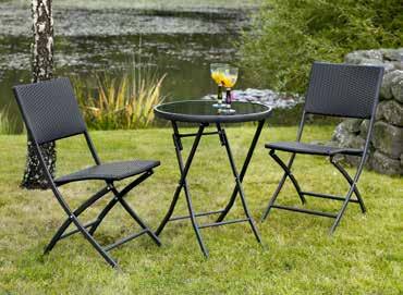 1888 San Remo fällstol antracit, Tb 40 cm, Th 83 cm, Sh 45 cm 5845 Marmorbord grått, Ø 60 cm, Th 74 cm 5845-8 Marmorbord svart, Ø 60 cm, Th 74 cm (ej på bild) PETRA Dekorativt set med fällbara