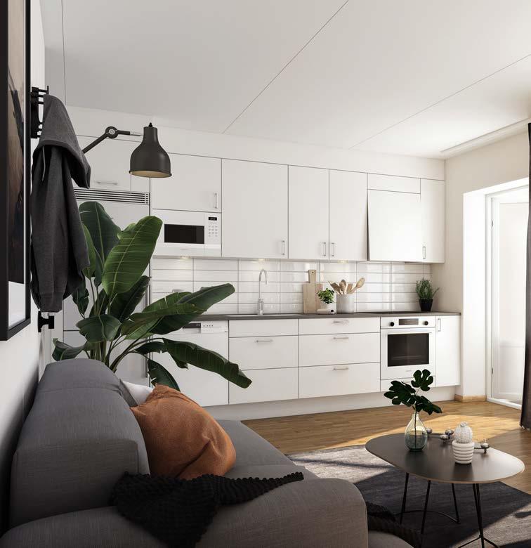 7 Kök Köksluckorna är vita i original. Diskbänkskåpet har utdragbar avfallssortering. Takanslutning, sparksocklar och passbitar följer luckans färg. Spotlights under väggskåp.