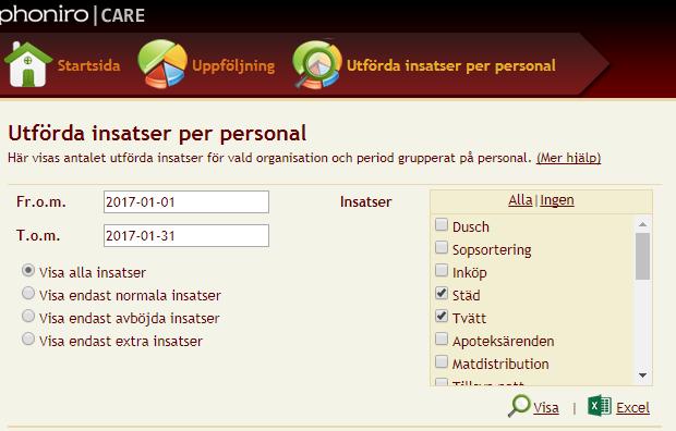 SID 7 (9) Utförda insatser per personal - standardrapport Möjlighet att se skillnader mellan olika medarbetare i antal utförda besök på insatsnivå, ex