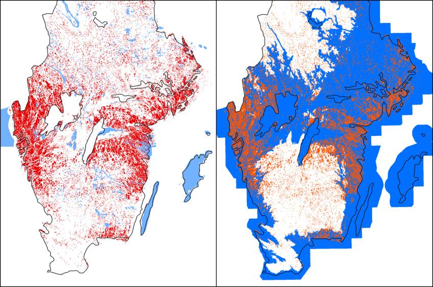 Västmanland och delar av Skåne är det värt att fundera på om man bör vara något mer generös med att utöka det karterade området (Figur 14).