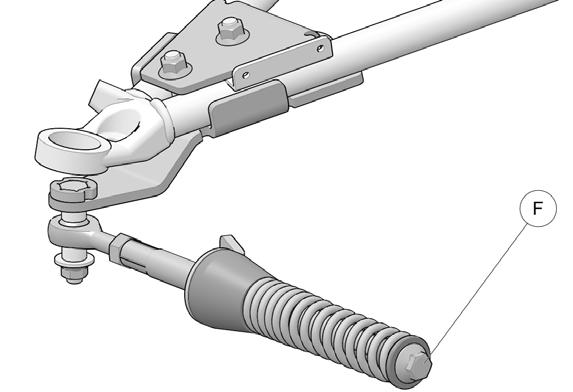 Fixer le bras stabilisateur (B) au boulon déjà installé sur l ancrage de suspension (A) à l aide des deux espaceurs (C), de la rondelle (D) et de l écrou autobloquant (E).