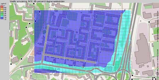 Figur 4. Beräknade dygnsvärden 2015 för kvävedioxid i planområdets omgivningar.