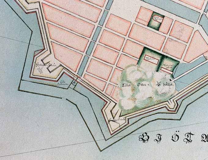 Fig. 7. Utdrag ur karta över Göteborg från år 1684 (Göteborgs Stadsmuseum). På kartan framgår en markering som överensstämmer med pålraden vi funnit.