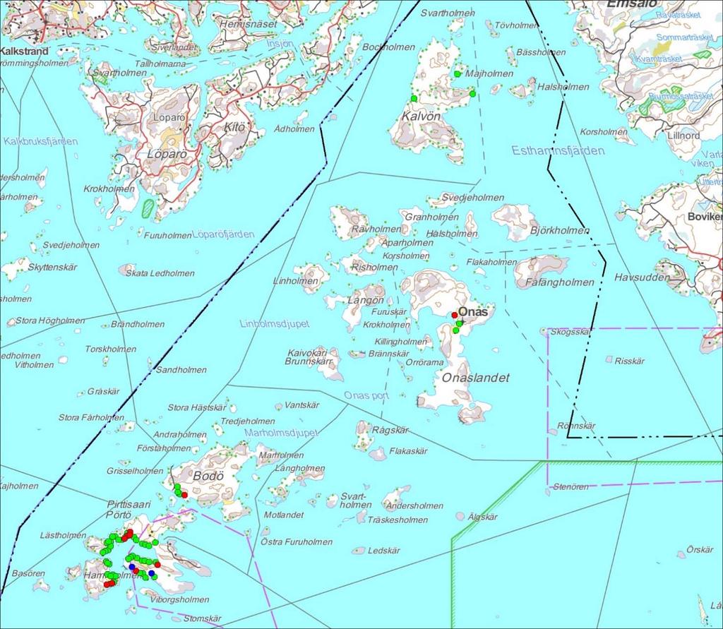 Bild 32 a. I delgeneralplanen har anvisats 63 byggplatser i byområden, av vilka två är nya. De nya byggplatserna anvisas med blå punkt på bilden. De byggplatser i byområdena (51 st.