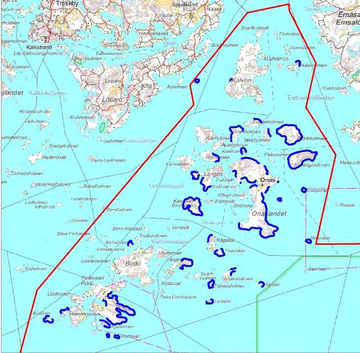 Bild 37. Enhetliga obebyggda strandområden som är längre än 300 meter. Till vänster bild på nuläget och till höger fria strandområden enligt delgeneralplanen.