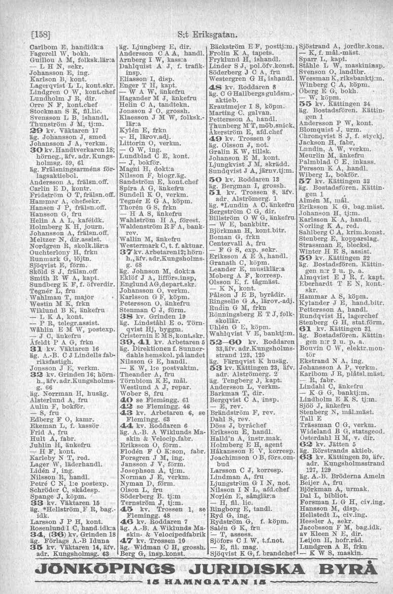 C1581 Carlbom E, handidk:a Fagerell W, bokh. Guillou A M, folksk.lcr:a - L H N, sekr. Johansson E, ing. Karlson B, kont. Lageiqvist L L kont.skr. Lindgren O W,' kont.chef Lnndholm J R, dir.