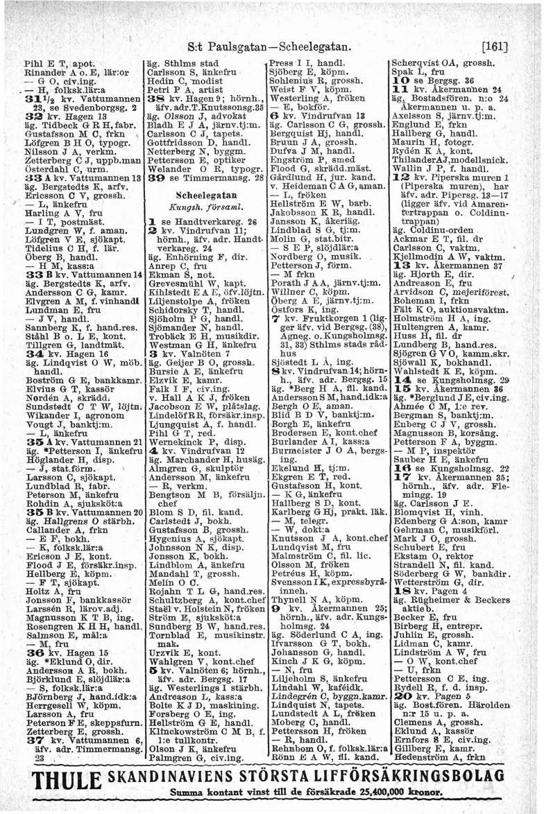 Pihi E T, apot. Rinander A o. E, 1Ir:or - G 0. civ.ing.. - H, folksk lär:a 31 11% BB. Vattumannen 23, se Svedenborgsg. 2 32 kv. Hagen 13 äg. Tidbeck G R H, fabr.