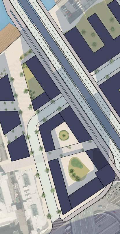 Situationsplanen visar det stråk för gående som leder upp mellan byggnaderna till bron. Denna lutande gata blir tillgänglig för gående och cyklister.