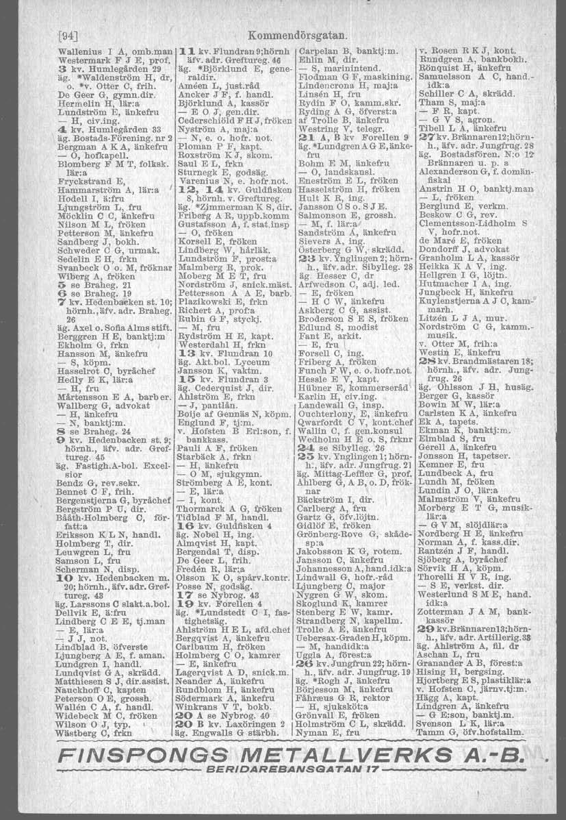 [94] Wallenius l A, omb.man Westermark F J E, prof. 3 kv, Humlegården 29 äg. -Waldenström H, dr, o. "'v. Otter C, frih. De Geer G, gymn.dir. Hermelin HI lär:a Lundström E, änkefru - H, civ.ing. 4 kv.