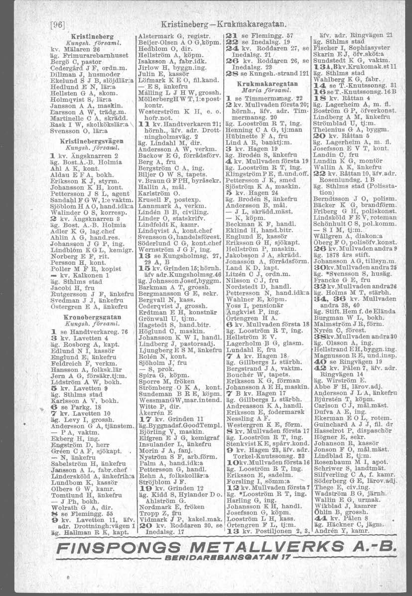 [96] Kristlneberg Kungsh. församl. kv. Mälaren 26 äg. Frimurarebarnhuset Bergö C, pastor Cedergård J F, ordn.m. Dillman J, husmoder Ekelund S J B, slöjdlär'a Hedlund E N, lär:a Hellsten G A, skom.