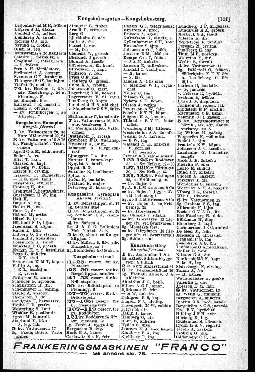 Kungsholmsgatån-Kungsholmstorg. i [lo;!'} Leijonhufvlici'l! 'B, fr(;k~n Almqvist L, fröken Dahlin G J, telegr.asstst. Lundberg J 1>, krigill\ass. Lifgren J H, diak:a: Arnell T, krim.ass.. Elfström J, pred.