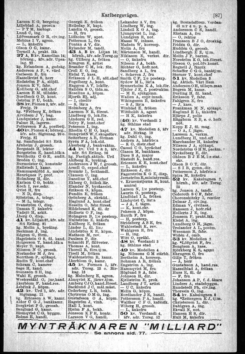 \ ~t j Karlbergsvägen, [87J. Larson E G, bergsing. Georgii E,' fröken Lekander A Y, fru äg. Bostadsfören. Verdan- Liljeblad, A, prost.ä, Helleday N, kapt, Lindberg W, ing, di n:r 4 u. lp.