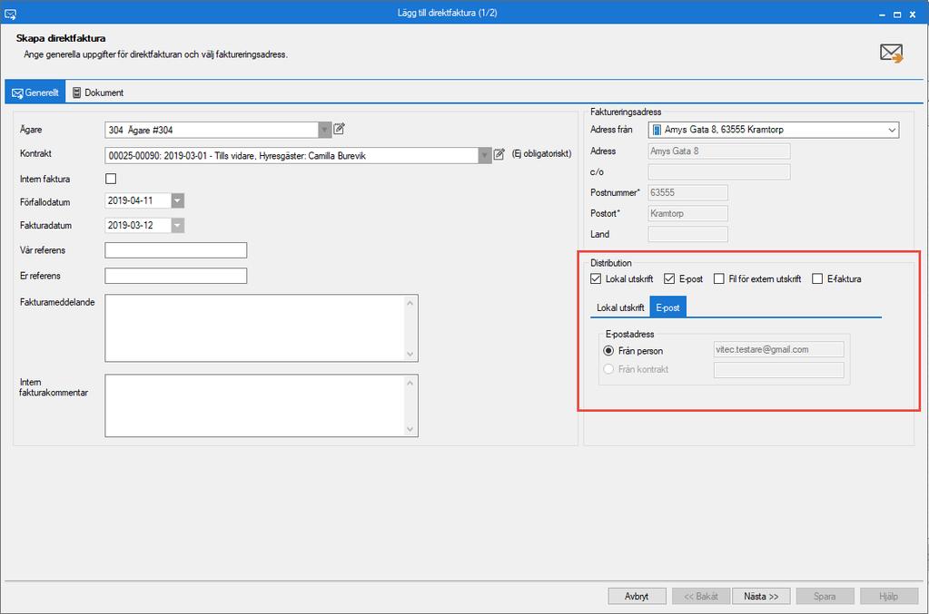 Nyhetsdokument Vitec Hyra Version 1.70 mars 2019 Om fakturan är kopplad till kontrakt får man förslag på samma distributionssätt som kontraktet har, annars föreslås Lokal utskrift (som idag).