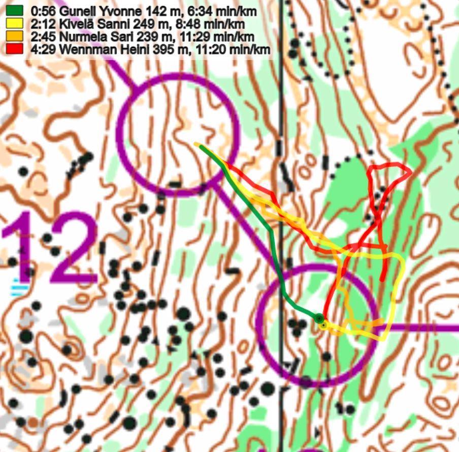 12-13, D21 Ett talande exempel på vikten av att dra på bromsen och vara extra noga med kompassen i sluttningarna där det är tätt. Kommer man snett kan det ta lång tid att läsa fast sig igen.