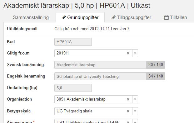 Notera att du även kan ändra värdet för de attribut som krävs vid status utkast när den nya versionen av utbildningen är i status utkast.