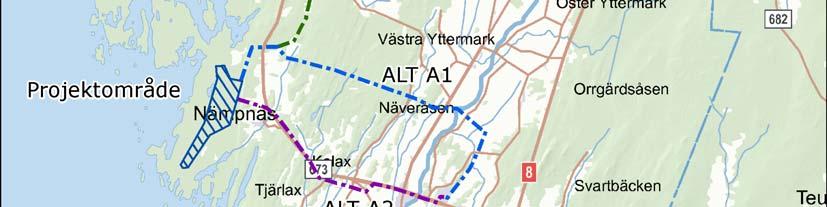 Bottenvikens kustrand förekommer på projektområdets västra sida, som närmast på ca 500 meters avstånd. Projektområdet går i nord-sydlig riktning har en maximal längd på ca 5 km.