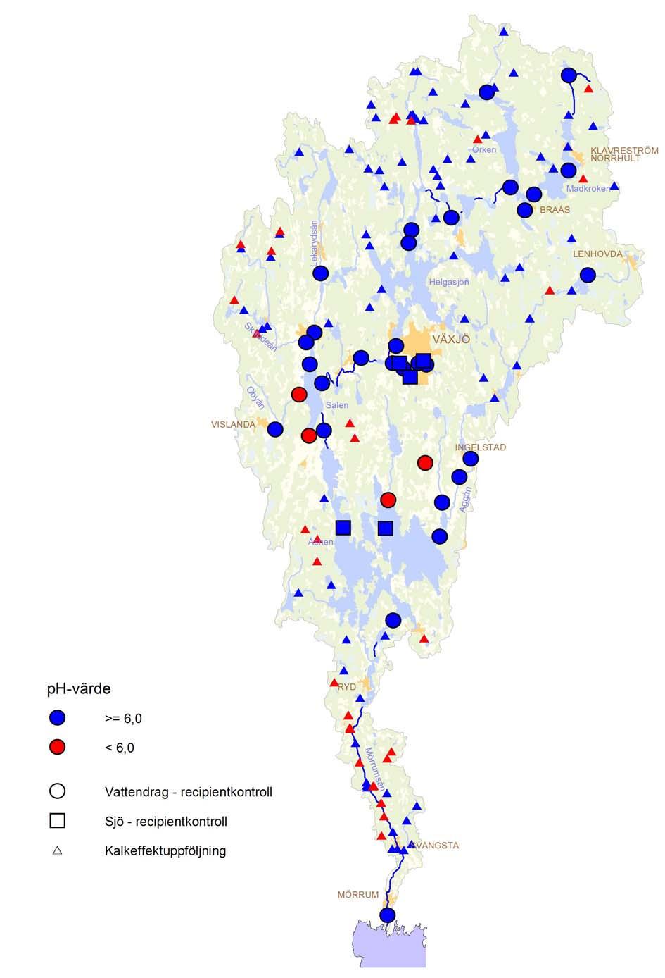 MÖRRUMSÅN 2015 Resultat och diskussion Karta 2. Försurningstillståndet i Mörrumsåns avrinningsområde (bedömt utifrån årslägsta ph-värde under år 2015).