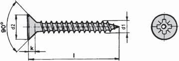 Kapitel G - Träskruv - Byggskruv SPAX-S med krysspår och sänkhuvud TFX - Vågtandad träskruv Med hål för täckkapsel. Pozidriv (Z) Gänga d1 mm 4,5 Huvuddiameter d2 mm 8,7 Huvudhöjd k mm 2,6 Bits nr.