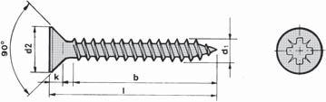 Kapitel G - Träskruv - Byggskruv SPAX-S med krysspår och litet sänkhuvud TFX - Vågtandad träskruv Pozidriv (Z) Gänga d1 3,5 Huvuddiameter d2 mm 5,9 Huvudhöjd k mm 1,7 Bits nr 1 Varugrupp 374